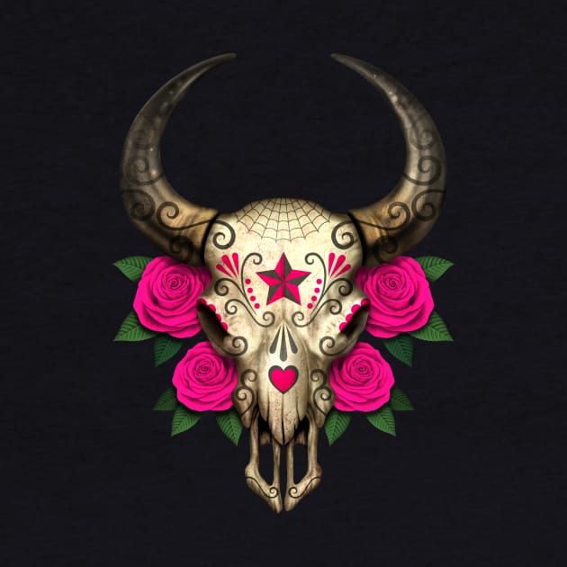 Bull Sugar Skull with Pink Roses by jeffbartels